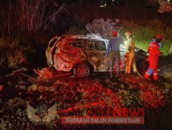 Tergelincir keluar jalur tol Semarang-Bawen, sebuah minibus terbakar setelah menabrak pohon. Kasat Lantas : “Tidak ada korban jiwa…” 